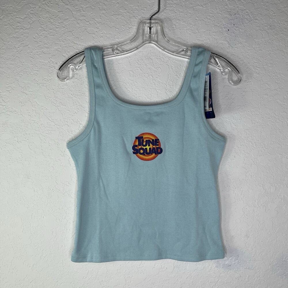 Space Jam Light Blue Tank Top Ribbed Knit cropped cotton blend, comfy, casual, L